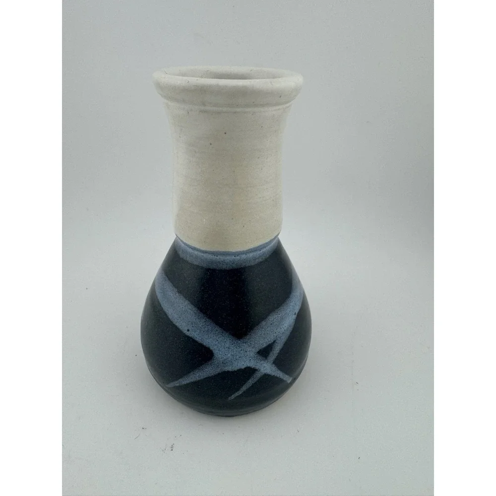 Handmade Pottery Vase‎ Navy Beige Signed Sondahl Small Bud Vase Table Decor